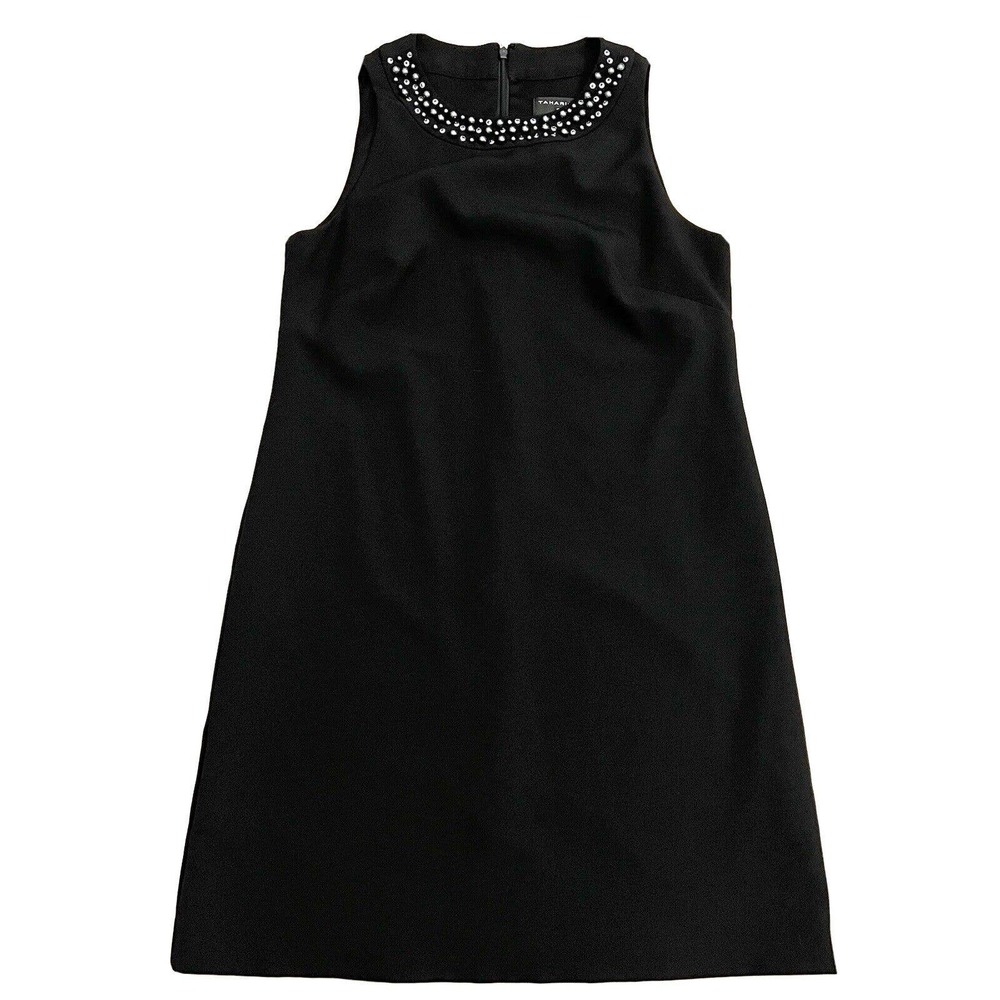 Tahari Levine Studio Black Pearl Beaded Sequin Neckline Sleeveless Shift Dress 6